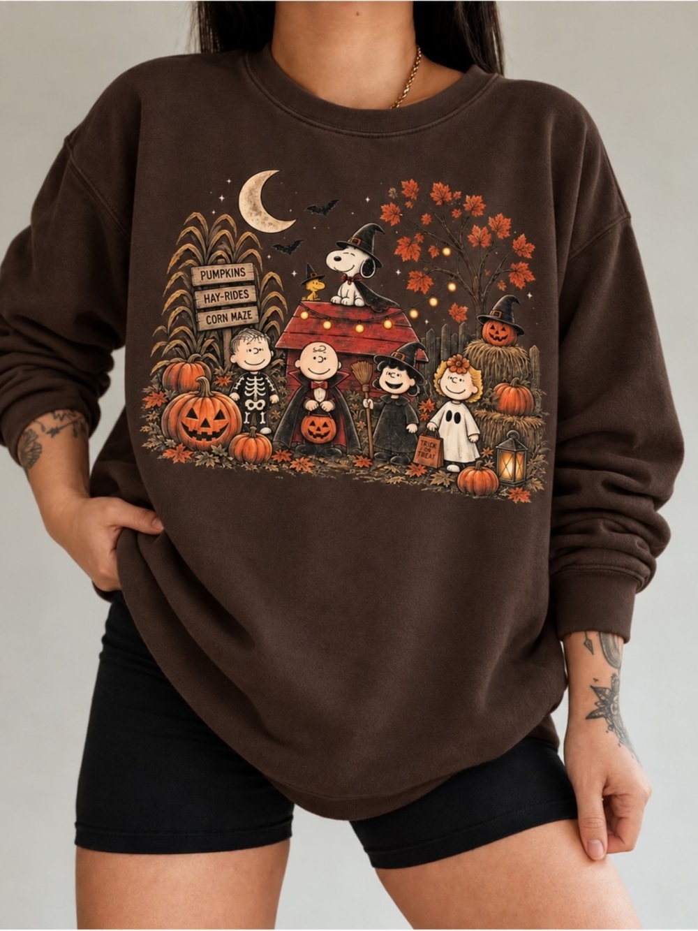 Halloween Peanuts Graphic Sweatshirt Dark Brown Unisex